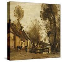 Flesselles, Street with Peasant and Cow-Jean-Baptiste-Camille Corot-Stretched Canvas