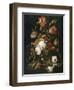 Fleurs dans une carafe de cristal avec une branche de pois et un escargot-Abraham Mignon-Framed Giclee Print