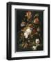 Fleurs dans une carafe de cristal avec une branche de pois et un escargot-Abraham Mignon-Framed Giclee Print