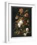 Fleurs dans une carafe de cristal avec une branche de pois et un escargot-Abraham Mignon-Framed Giclee Print