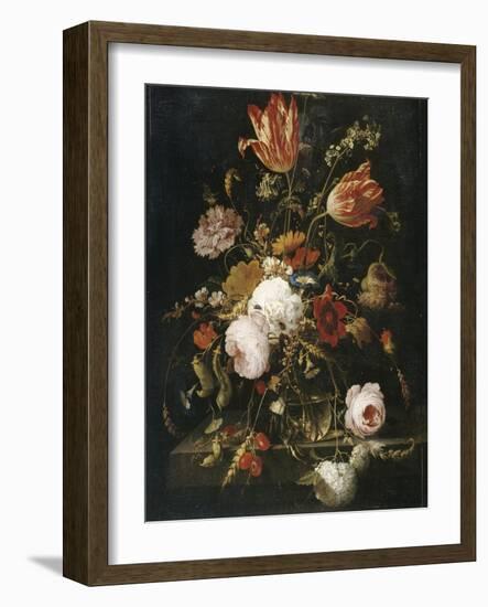 Fleurs dans une carafe de cristal avec une branche de pois et un escargot-Abraham Mignon-Framed Giclee Print