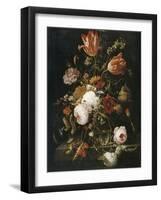 Fleurs dans une carafe de cristal avec une branche de pois et un escargot-Abraham Mignon-Framed Giclee Print