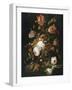 Fleurs dans une carafe de cristal avec une branche de pois et un escargot-Abraham Mignon-Framed Giclee Print