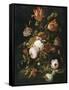 Fleurs dans une carafe de cristal avec une branche de pois et un escargot-Abraham Mignon-Framed Stretched Canvas