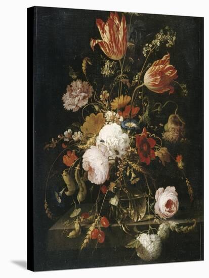 Fleurs dans une carafe de cristal avec une branche de pois et un escargot-Abraham Mignon-Stretched Canvas