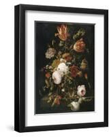Fleurs dans une carafe de cristal avec une branche de pois et un escargot-Abraham Mignon-Framed Premium Giclee Print