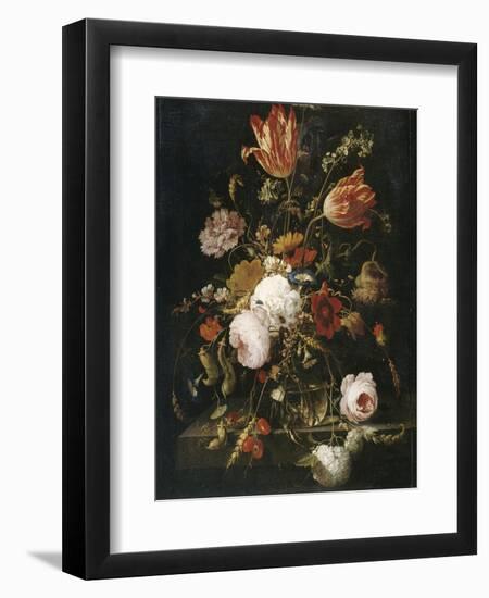 Fleurs dans une carafe de cristal avec une branche de pois et un escargot-Abraham Mignon-Framed Premium Giclee Print