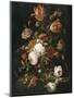 Fleurs dans une carafe de cristal avec une branche de pois et un escargot-Abraham Mignon-Mounted Premium Giclee Print