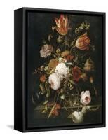 Fleurs dans une carafe de cristal avec une branche de pois et un escargot-Abraham Mignon-Framed Stretched Canvas