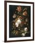 Fleurs dans une carafe de cristal avec une branche de pois et un escargot-Abraham Mignon-Framed Giclee Print