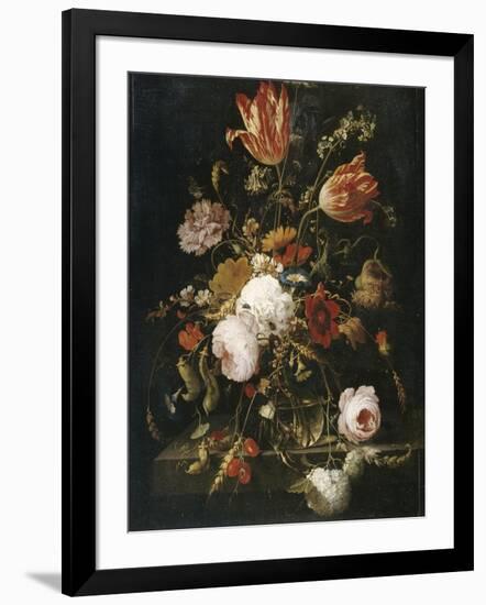 Fleurs dans une carafe de cristal avec une branche de pois et un escargot-Abraham Mignon-Framed Giclee Print