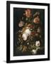 Fleurs dans une carafe de cristal avec une branche de pois et un escargot-Abraham Mignon-Framed Giclee Print