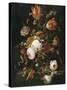 Fleurs dans une carafe de cristal avec une branche de pois et un escargot-Abraham Mignon-Stretched Canvas