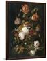 Fleurs dans une carafe de cristal avec une branche de pois et un escargot-Abraham Mignon-Framed Giclee Print