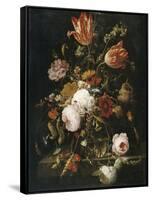 Fleurs dans une carafe de cristal avec une branche de pois et un escargot-Abraham Mignon-Framed Stretched Canvas