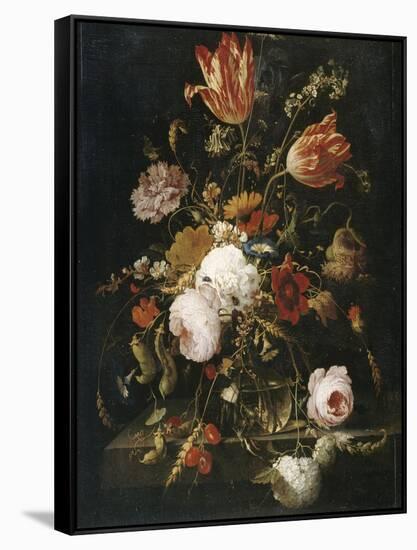 Fleurs dans une carafe de cristal avec une branche de pois et un escargot-Abraham Mignon-Framed Stretched Canvas