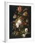 Fleurs dans une carafe de cristal avec une branche de pois et un escargot-Abraham Mignon-Framed Giclee Print