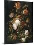 Fleurs dans une carafe de cristal avec une branche de pois et un escargot-Abraham Mignon-Mounted Giclee Print