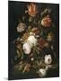 Fleurs dans une carafe de cristal avec une branche de pois et un escargot-Abraham Mignon-Mounted Giclee Print