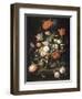 Fleurs dans une carafe de cristal placé sur un piédestal en pierre avec une libellule-Abraham Mignon-Framed Giclee Print