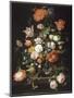Fleurs dans une carafe de cristal placé sur un piédestal en pierre avec une libellule-Abraham Mignon-Mounted Giclee Print