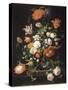 Fleurs dans une carafe de cristal placé sur un piédestal en pierre avec une libellule-Abraham Mignon-Stretched Canvas