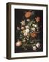 Fleurs dans une carafe de cristal placé sur un piédestal en pierre avec une libellule-Abraham Mignon-Framed Giclee Print