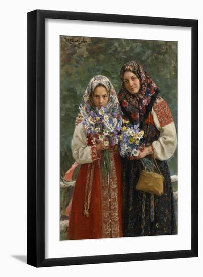 Fleurs Des Champs. (Meadow Flowers). Une Mere Et Sa Fille, Elegantes Dans Leurs Robes Folkloriques-Ivan Semyonovich Kulikov-Framed Giclee Print