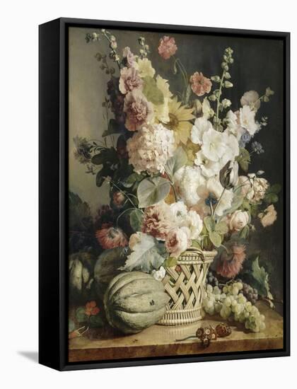 Fleurs et fruits dans une corbeille d'osier-Antoine Berjon-Framed Stretched Canvas