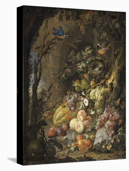 Fleurs, fruits, oiseaux et insectes dans un paysage avec ruines-Abraham Mignon-Stretched Canvas