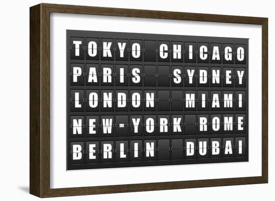 Flight Destination, Information Display Board Named World Cities Tokyo, Chicago, Paris, Sydney, Lon-cherkas-Framed Art Print