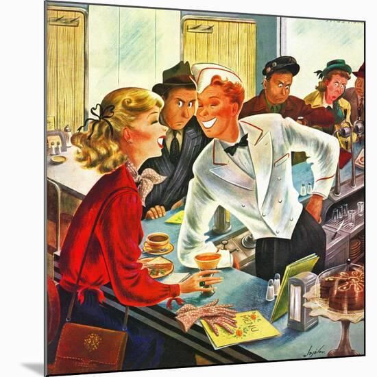 "Flirting Soda Jerk," October 11, 1947-Constantin Alajalov-Mounted Giclee Print