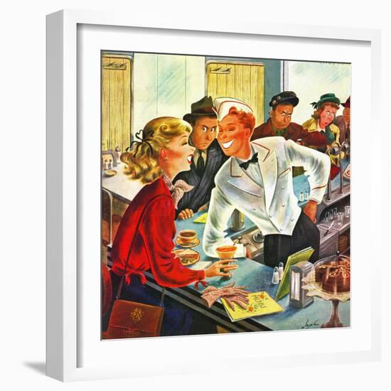 "Flirting Soda Jerk," October 11, 1947-Constantin Alajalov-Framed Giclee Print