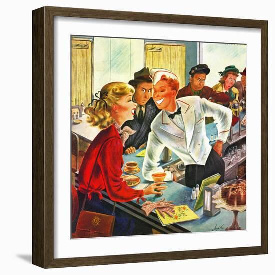 "Flirting Soda Jerk," October 11, 1947-Constantin Alajalov-Framed Premium Giclee Print