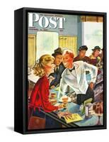 "Flirting Soda Jerk," Saturday Evening Post Cover, October 11, 1947-Constantin Alajalov-Framed Stretched Canvas