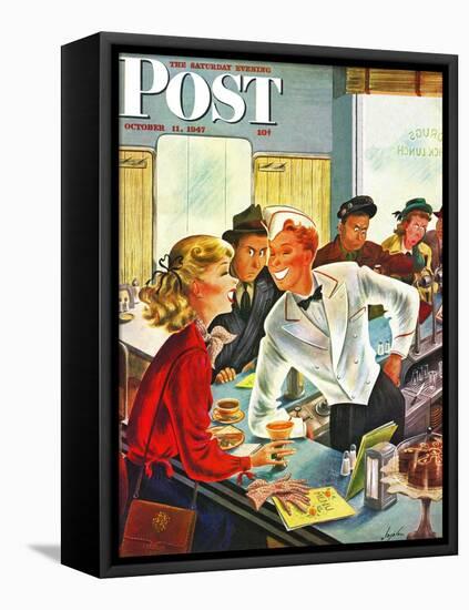 "Flirting Soda Jerk," Saturday Evening Post Cover, October 11, 1947-Constantin Alajalov-Framed Stretched Canvas
