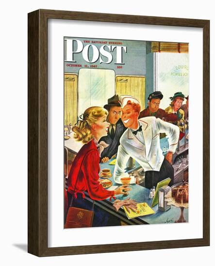 "Flirting Soda Jerk," Saturday Evening Post Cover, October 11, 1947-Constantin Alajalov-Framed Giclee Print