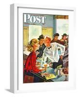 "Flirting Soda Jerk," Saturday Evening Post Cover, October 11, 1947-Constantin Alajalov-Framed Giclee Print