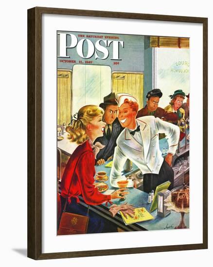 "Flirting Soda Jerk," Saturday Evening Post Cover, October 11, 1947-Constantin Alajalov-Framed Giclee Print