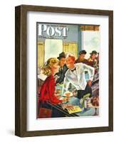 "Flirting Soda Jerk," Saturday Evening Post Cover, October 11, 1947-Constantin Alajalov-Framed Giclee Print