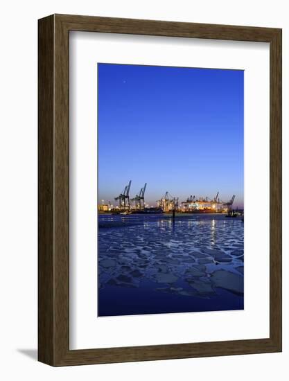 Floating Ice on the Elbe River, Harbour Cranes, Dusk, Evening Mood, NeumŸhlen-Axel Schmies-Framed Photographic Print