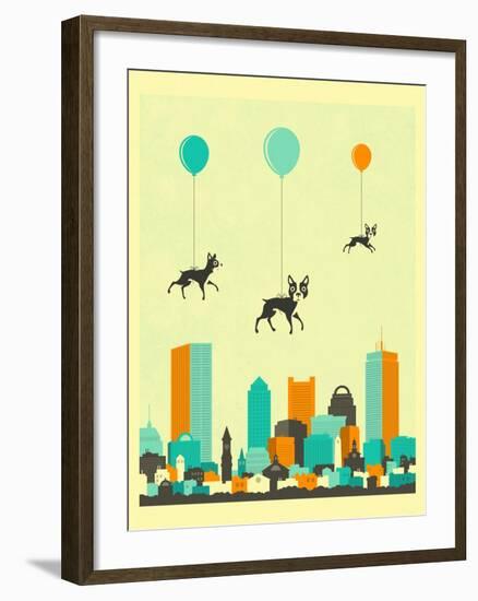 Flock of Boston Terriers-Jazzberry Blue-Framed Art Print