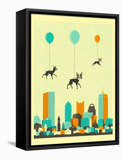 Flock of Boston Terriers-Jazzberry Blue-Framed Stretched Canvas