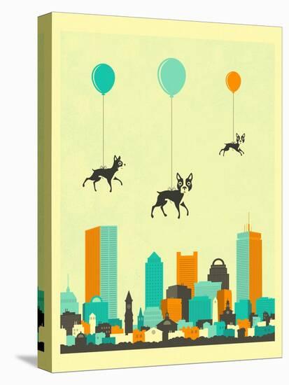 Flock of Boston Terriers-Jazzberry Blue-Stretched Canvas