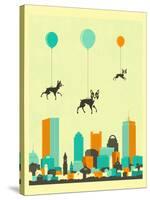 Flock of Boston Terriers-Jazzberry Blue-Stretched Canvas