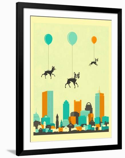 Flock of Boston Terriers-Jazzberry Blue-Framed Art Print