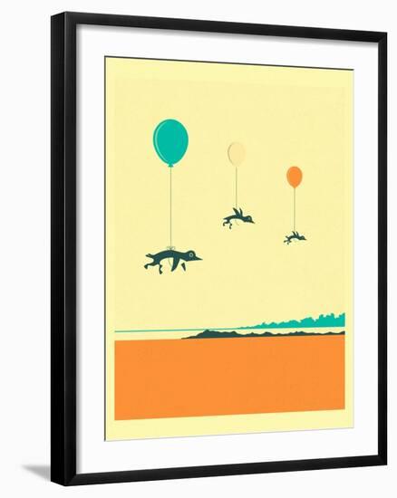 Flock of Penguins-Jazzberry Blue-Framed Art Print