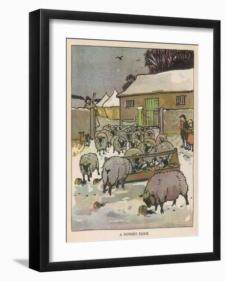 Flock of Sheep in the Snow Eating from a Trough While the Shepherd and Two Children Watch-null-Framed Art Print