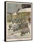 Flock of Sheep in the Snow Eating from a Trough While the Shepherd and Two Children Watch-null-Framed Stretched Canvas