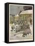 Flock of Sheep in the Snow Eating from a Trough While the Shepherd and Two Children Watch-null-Framed Stretched Canvas